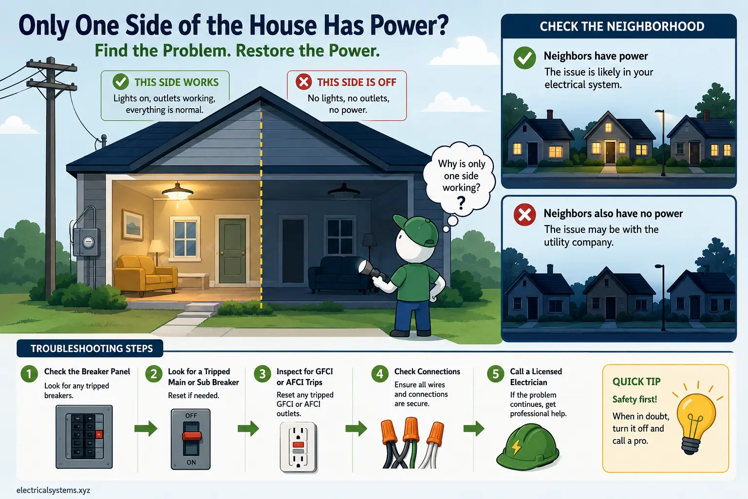 Illustrated homeowner checking whether a power outage affects only the house