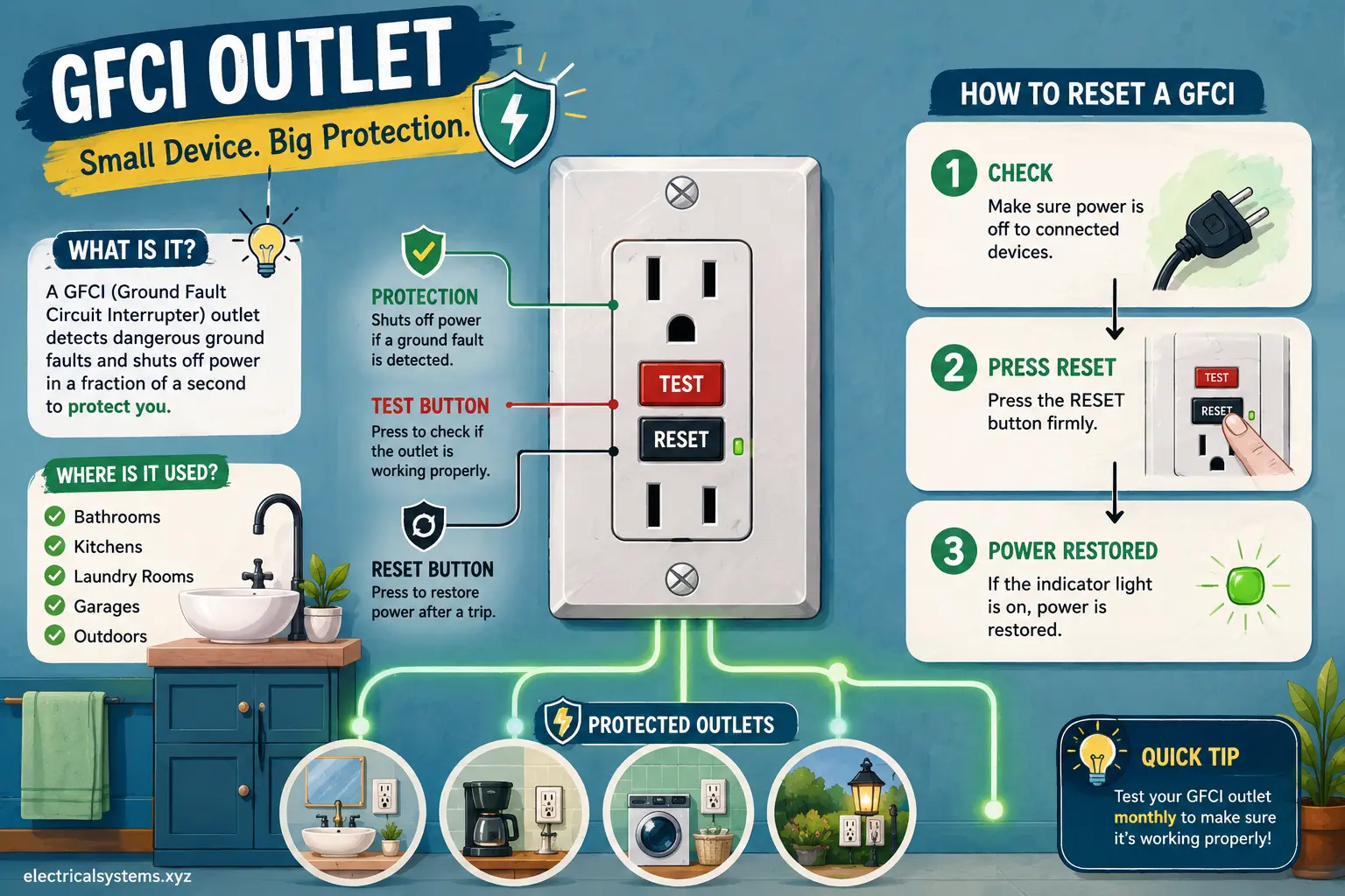 Flat vector illustration showing a GFCI outlet with TEST and RESET buttons