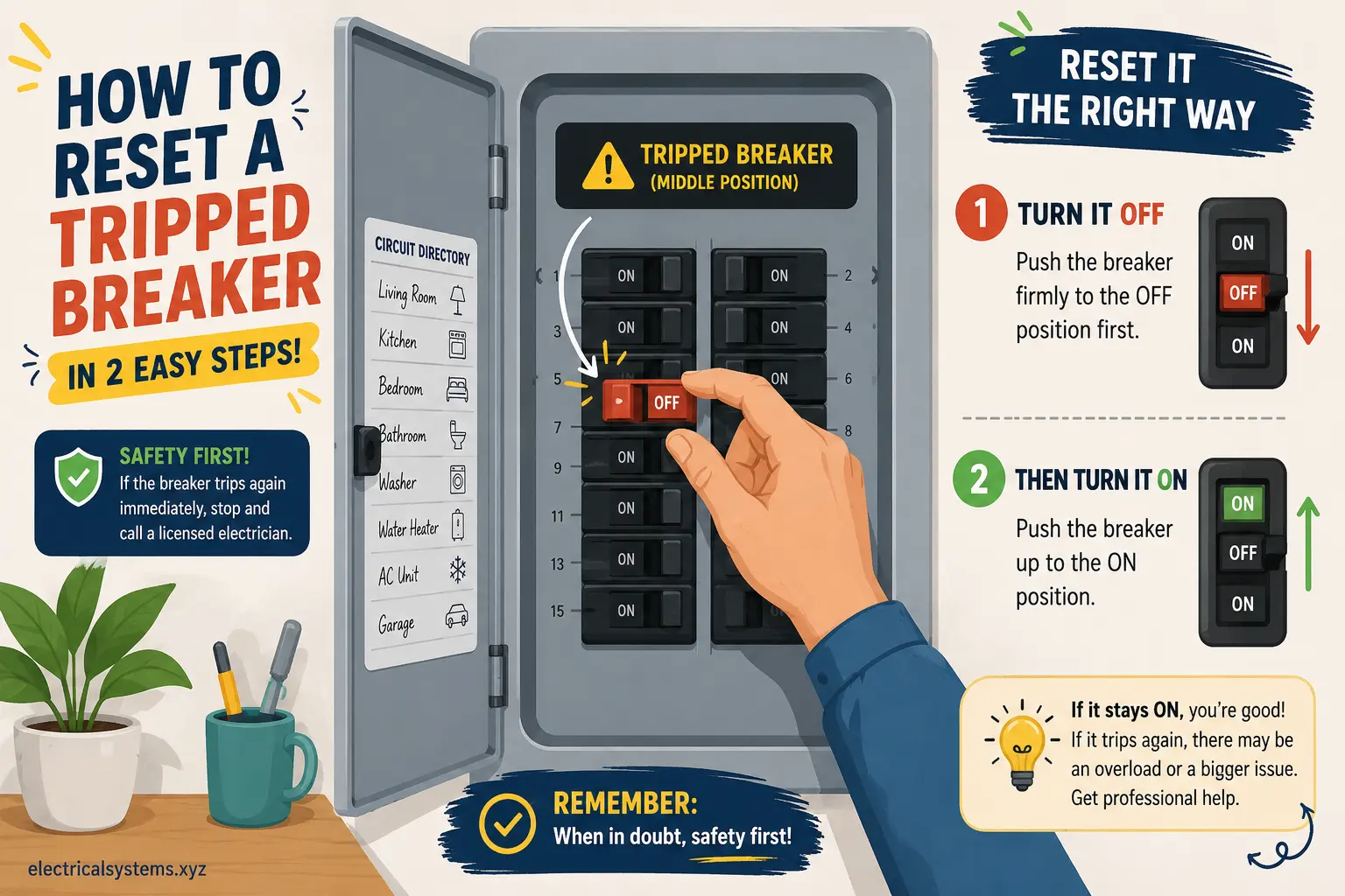 Stylized illustration of safely resetting a tripped circuit breaker