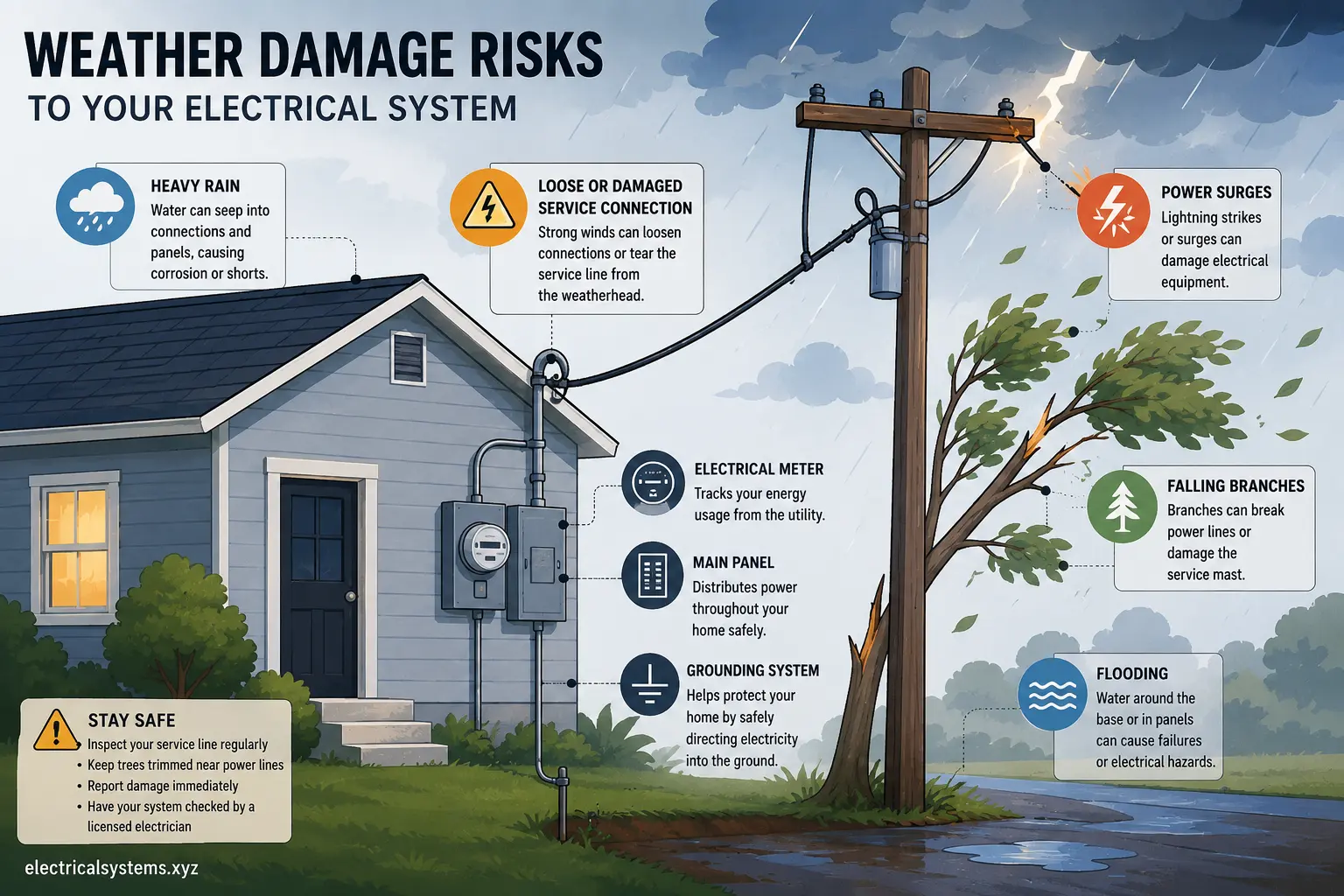 Whimsical illustration of utility service line and electrical meter issues outside a home